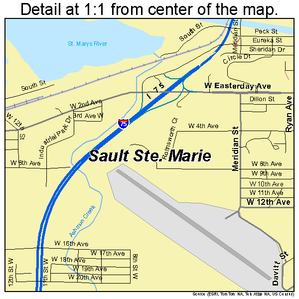 Sault Ste. Marie, Michigan road map detail