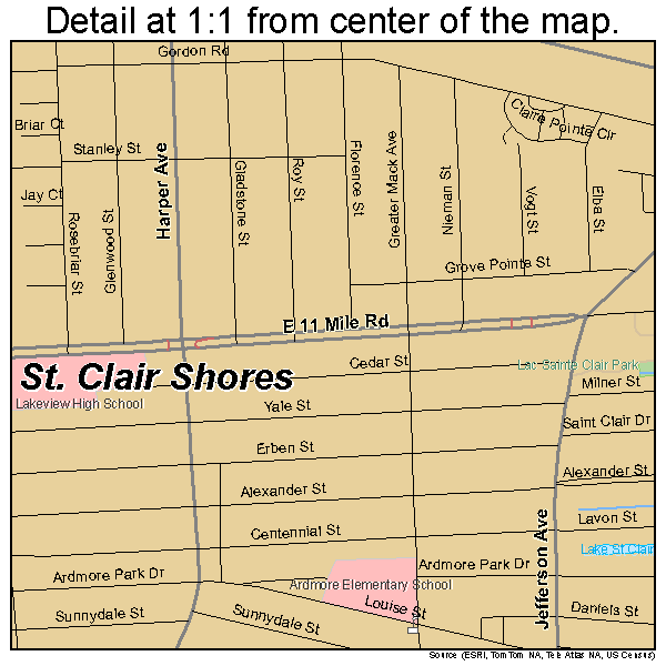 St. Clair Shores, Michigan road map detail
