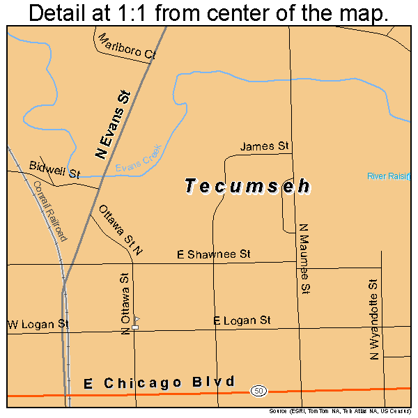 Tecumseh, Michigan road map detail