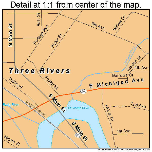 Three Rivers, Michigan road map detail