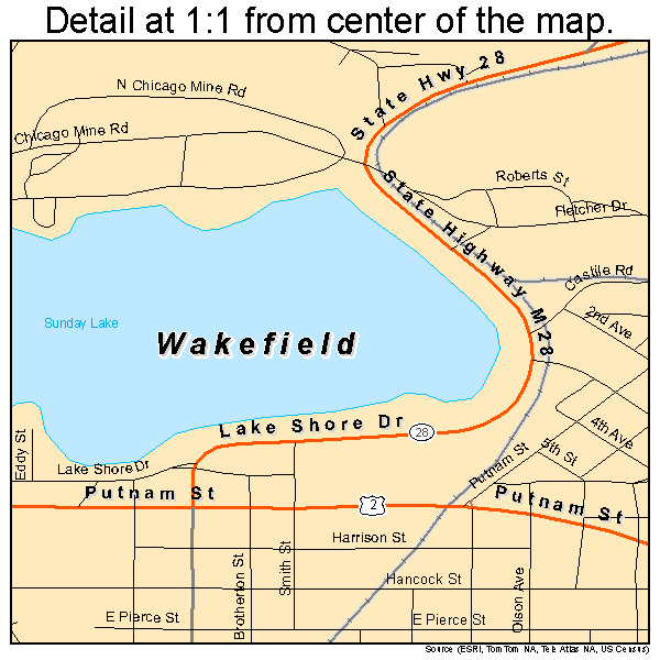 Wakefield, Michigan road map detail