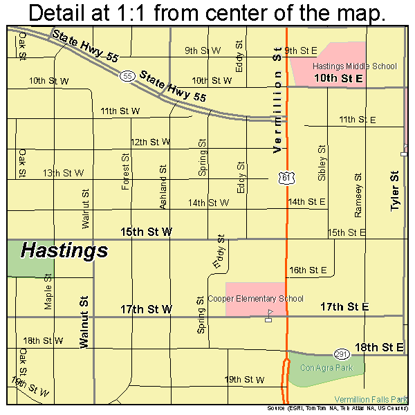 Hastings, Minnesota road map detail