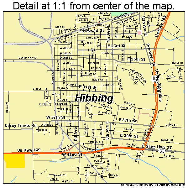 Hibbing, Minnesota road map detail