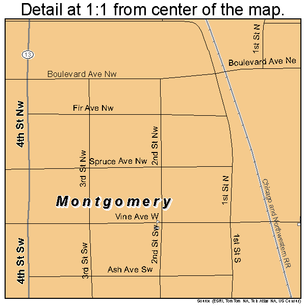 Montgomery, Minnesota road map detail