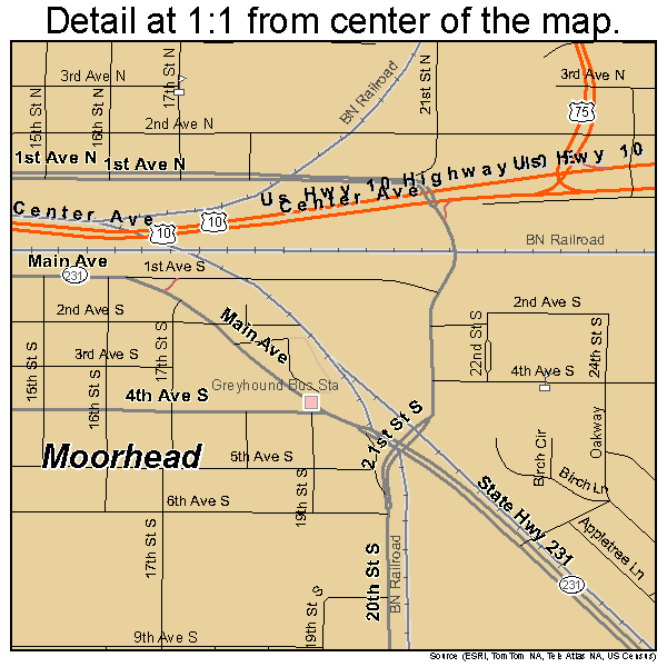 Moorhead, Minnesota road map detail