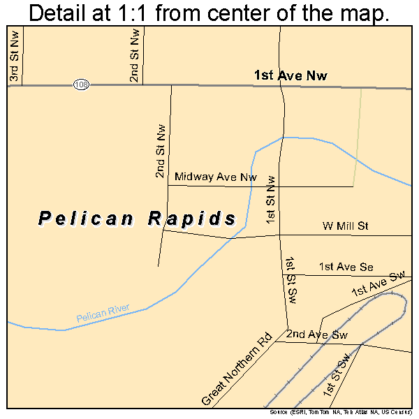 Pelican Rapids, Minnesota road map detail