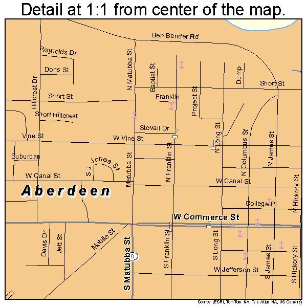 Aberdeen, Mississippi road map detail