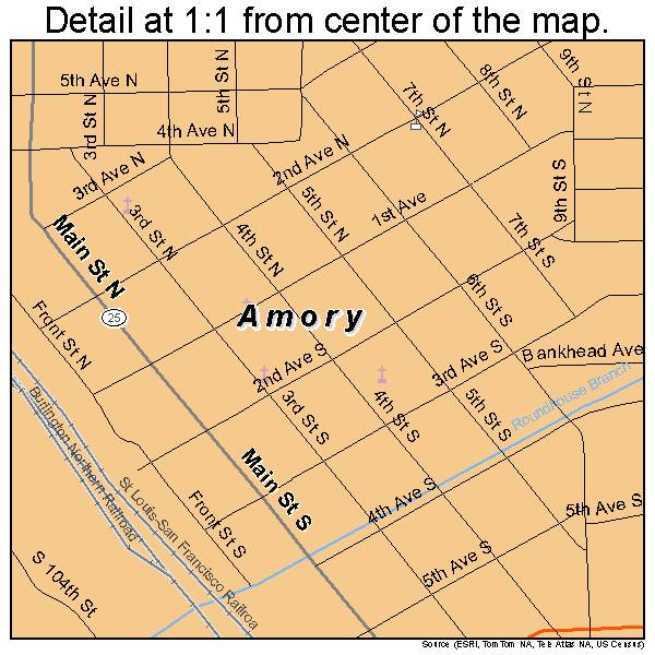 Amory, Mississippi road map detail