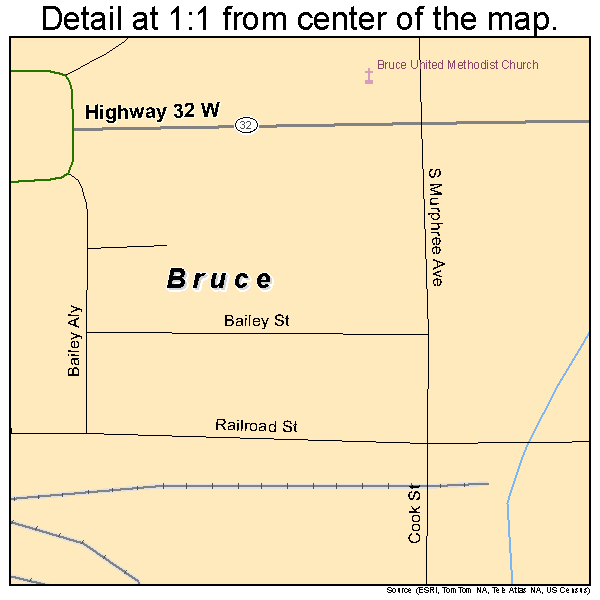 Bruce, Mississippi road map detail