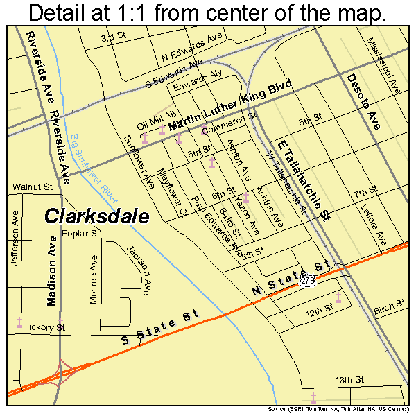 Clarksdale, Mississippi road map detail