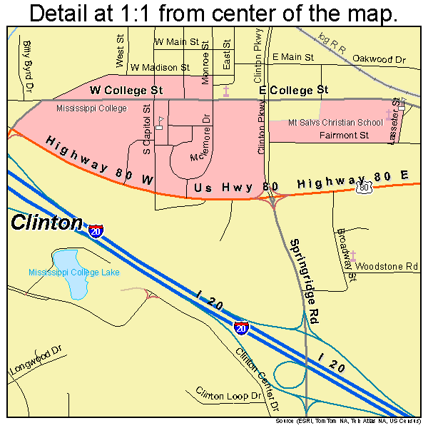 Clinton, Mississippi road map detail