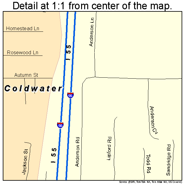 Coldwater, Mississippi road map detail