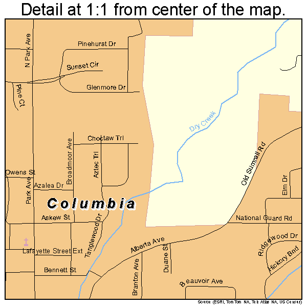 Columbia, Mississippi road map detail