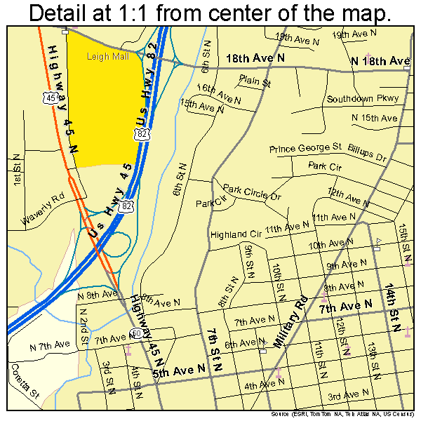 Columbus, Mississippi road map detail