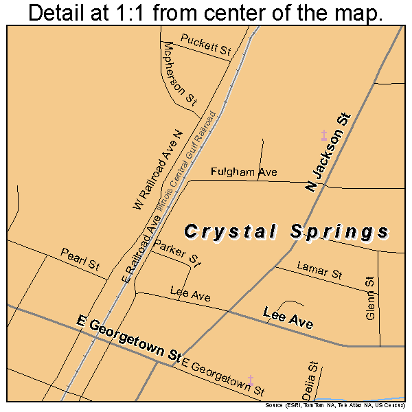 Crystal Springs, Mississippi road map detail