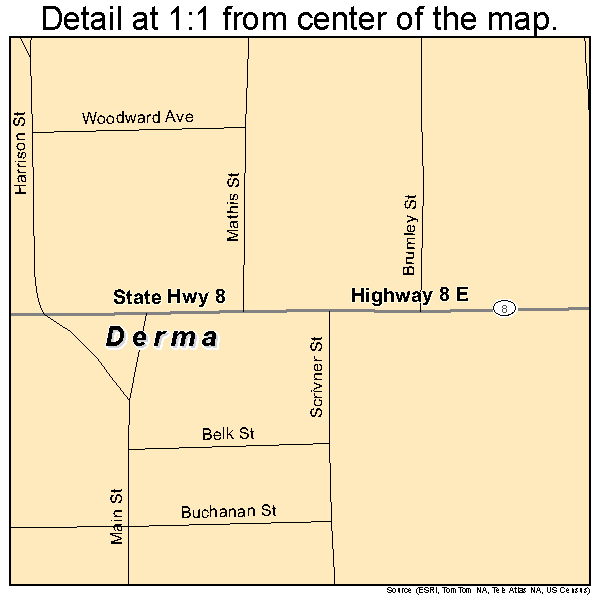 Derma, Mississippi road map detail