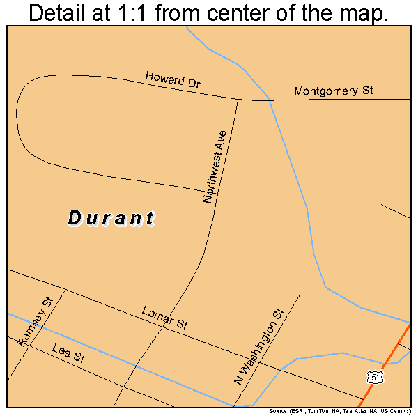 Durant, Mississippi road map detail