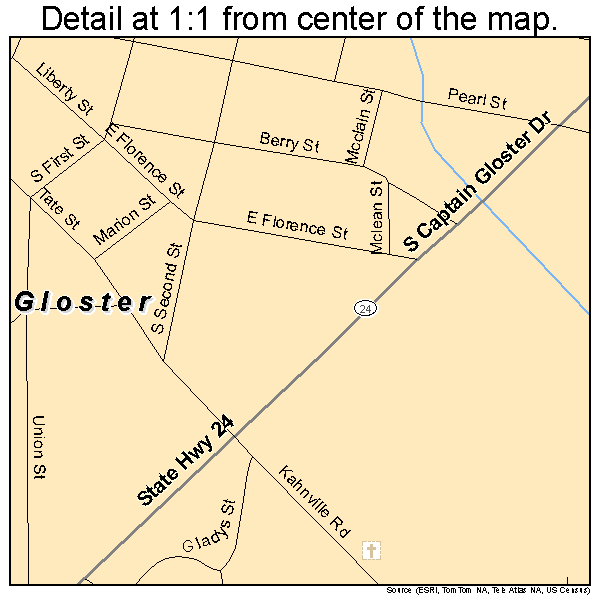 Gloster, Mississippi road map detail