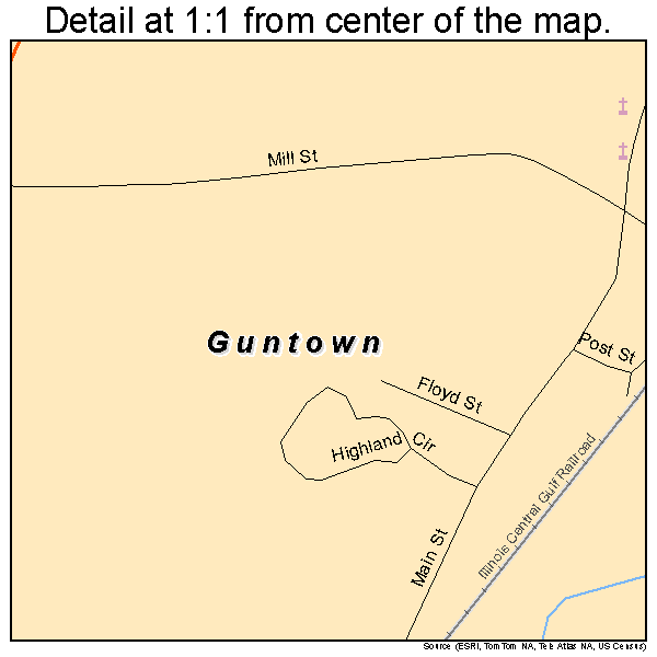 Guntown, Mississippi road map detail