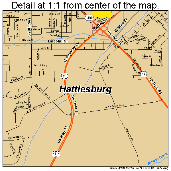 Hattiesburg, Mississippi road map detail