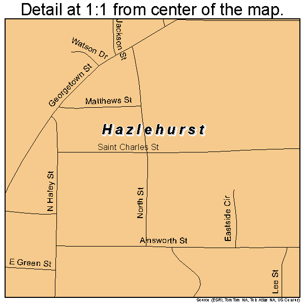Hazlehurst, Mississippi road map detail