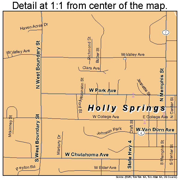 Holly Springs, Mississippi road map detail