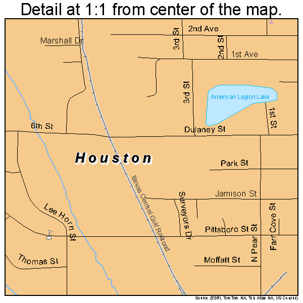 Houston, Mississippi road map detail