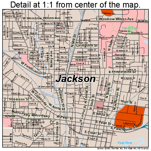 Jackson, Mississippi road map detail