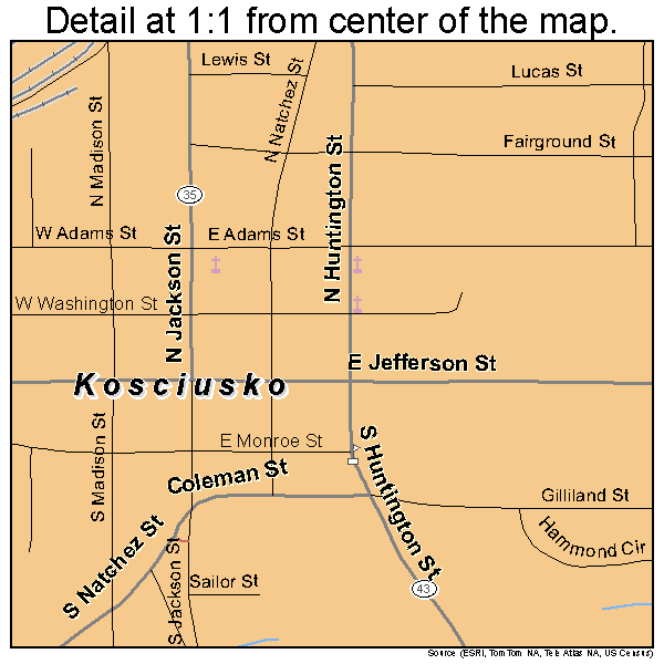 Kosciusko, Mississippi road map detail