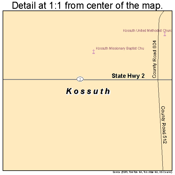 Kossuth, Mississippi road map detail