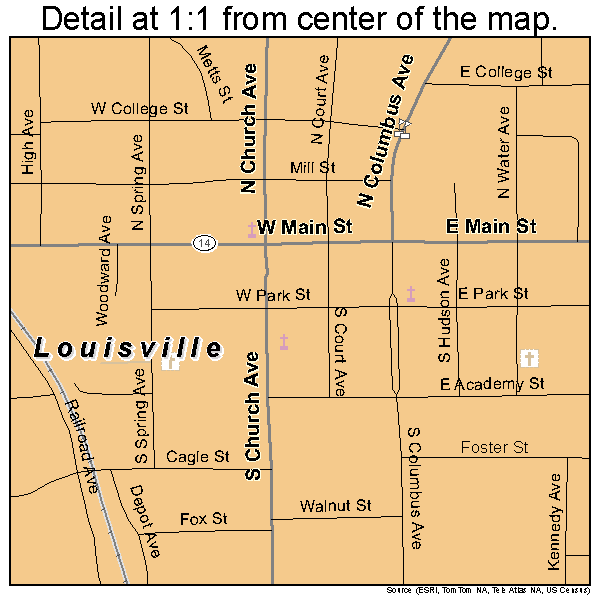 Louisville, Mississippi road map detail