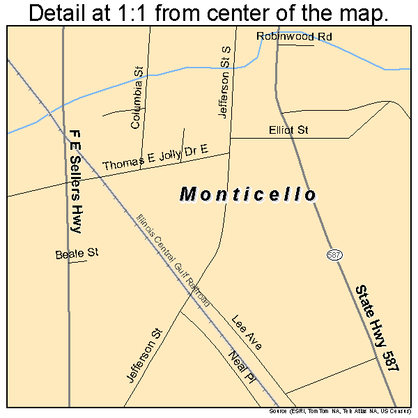 Monticello, Mississippi road map detail