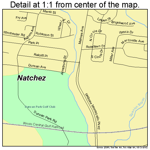 Natchez, Mississippi road map detail