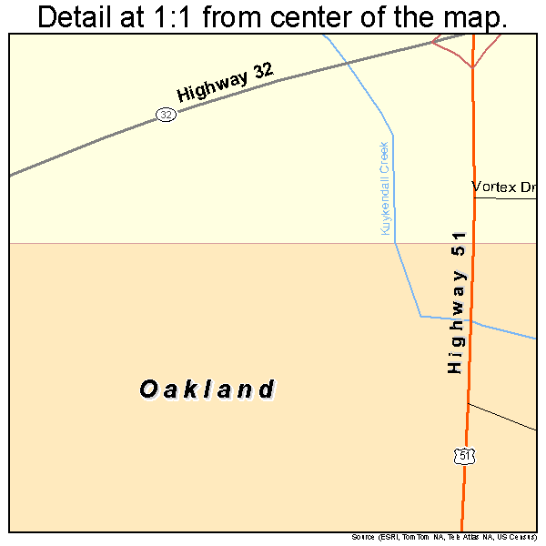 Oakland, Mississippi road map detail