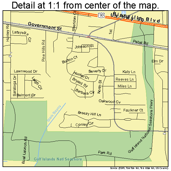 Ocean Springs, Mississippi road map detail