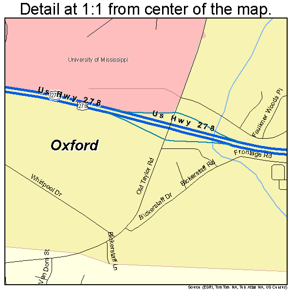 Oxford, Mississippi road map detail