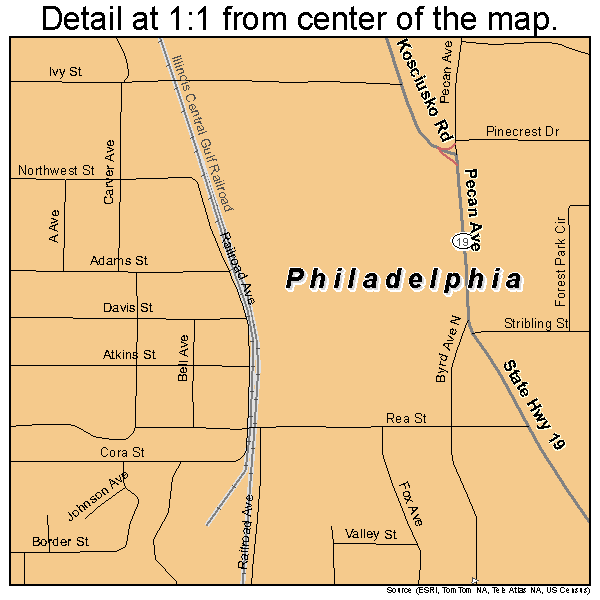 Philadelphia, Mississippi road map detail