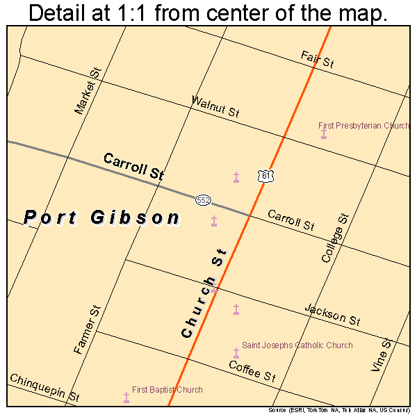 Port Gibson, Mississippi road map detail