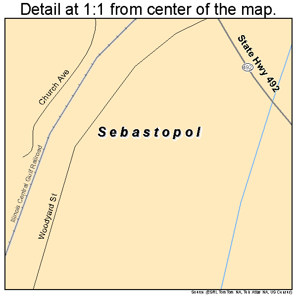 Sebastopol, Mississippi road map detail
