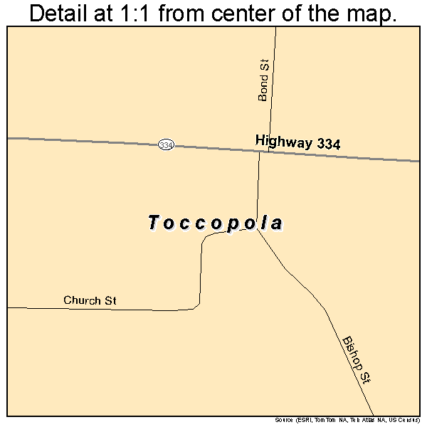 Toccopola, Mississippi road map detail