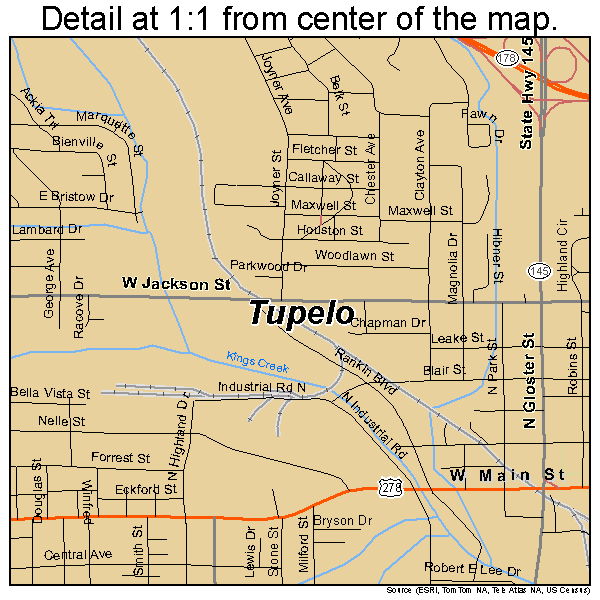 Tupelo, Mississippi road map detail