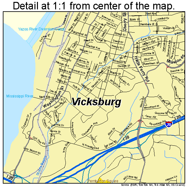 Vicksburg, Mississippi road map detail