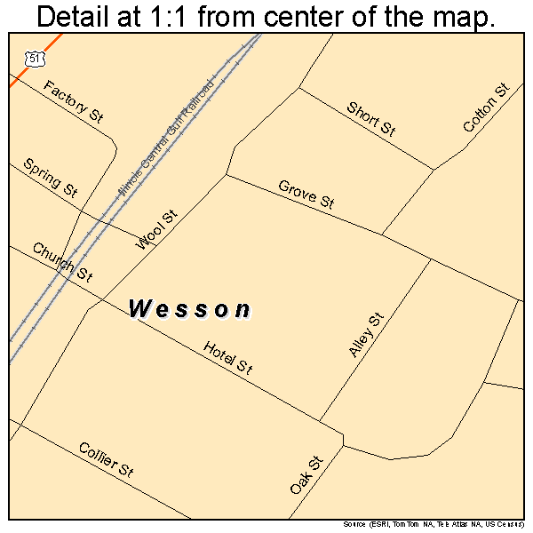 Wesson, Mississippi road map detail