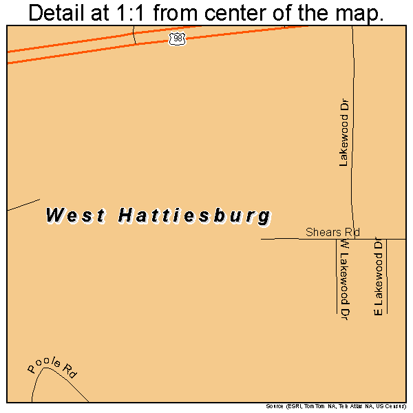West Hattiesburg, Mississippi road map detail