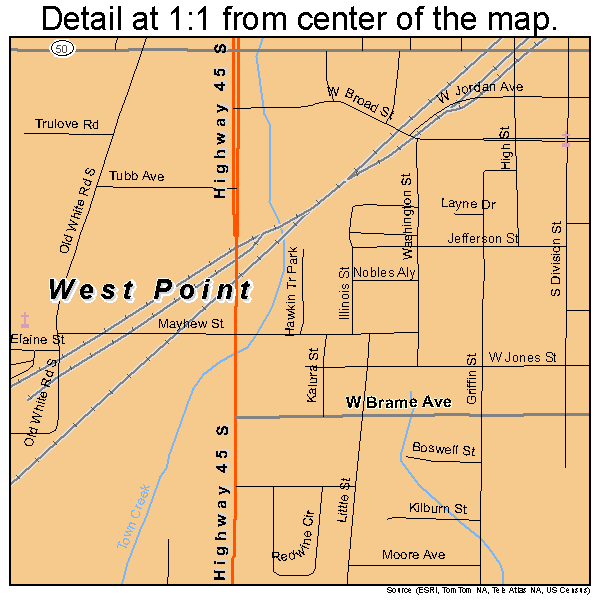 West Point, Mississippi road map detail