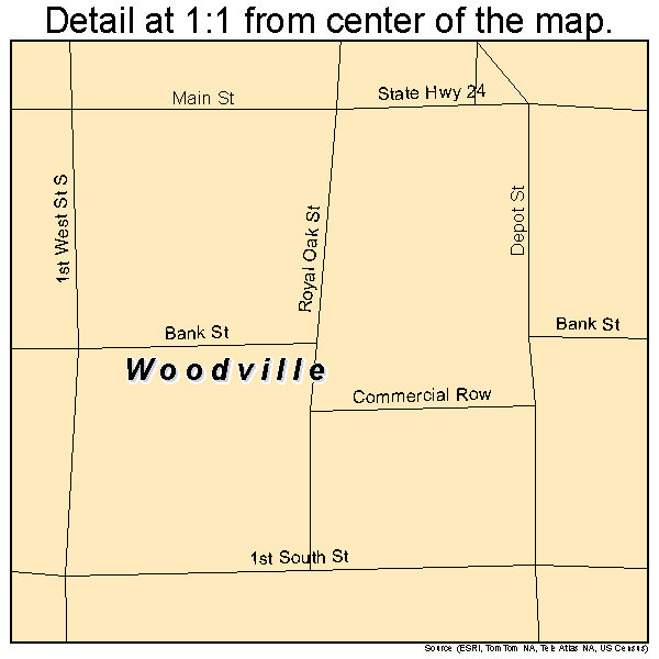 Woodville, Mississippi road map detail