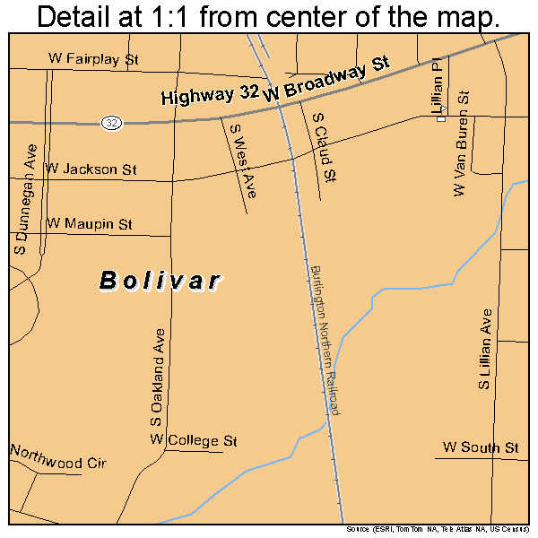 Bolivar, Missouri road map detail
