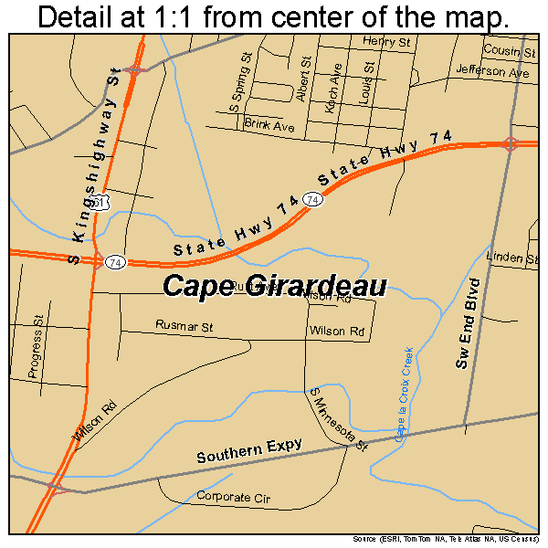Cape Girardeau, Missouri road map detail