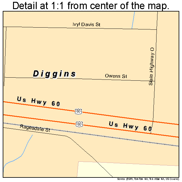 Diggins, Missouri road map detail