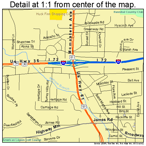 Hannibal, Missouri road map detail